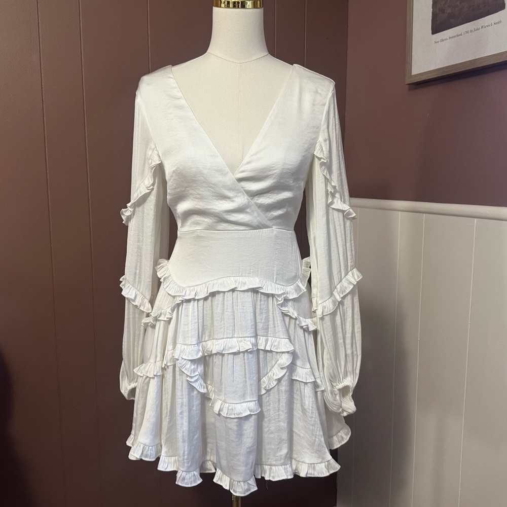 Bardot White Ruffle Satin Long Sleeve Mini Dress